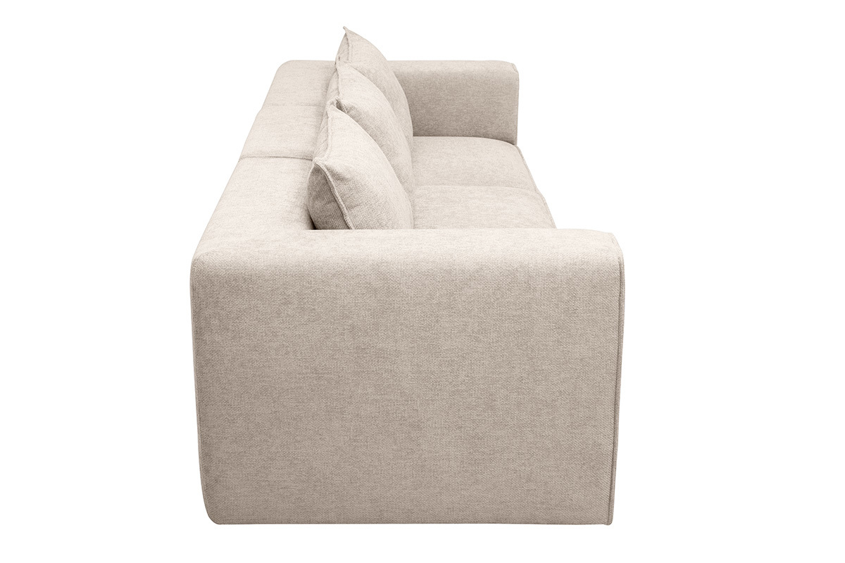 Divano modulare a 4 posti in tessuto effetto velluto testurizzato beige, vista di profilo.