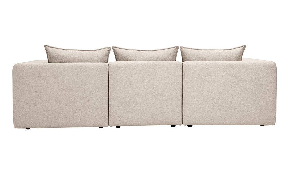 Divano modulare 4 posti beige effetto velluto, vista da dietro con braccioli e cuscini