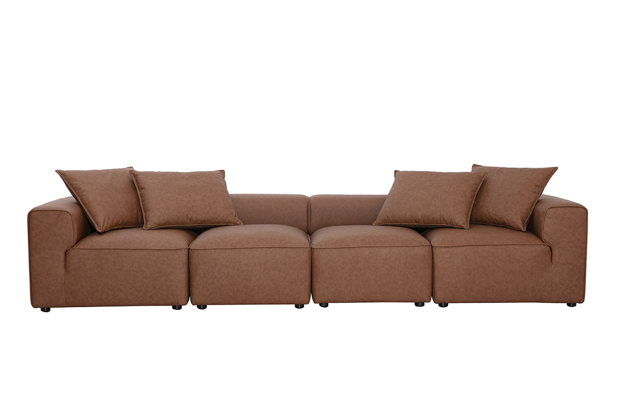 Divano modulare a 5 posti in pelle marrone FERGUS, vista frontale con cuscini decorativi