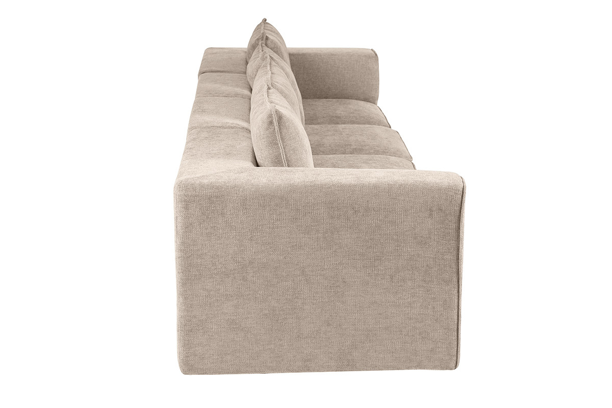 Divano modulare 5 posti in tessuto effetto velluto testurizzato beige, vista laterale