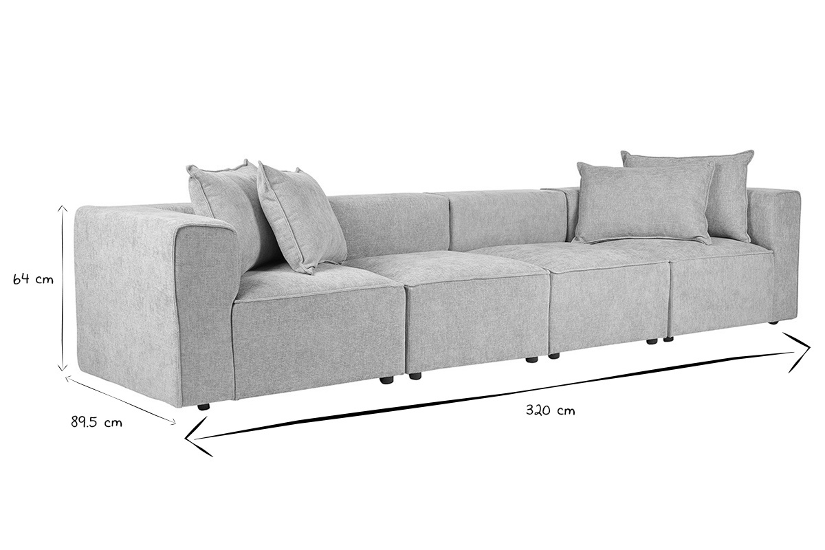 Divano modulabile a 5 posti in tessuto beige con dimensioni in bianco e nero: 320 cm x 89,5 cm x 64 cm