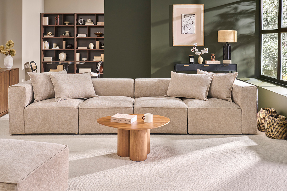 Divano modulare 5 posti in tessuto effetto velluto testurizzato beige KERRY