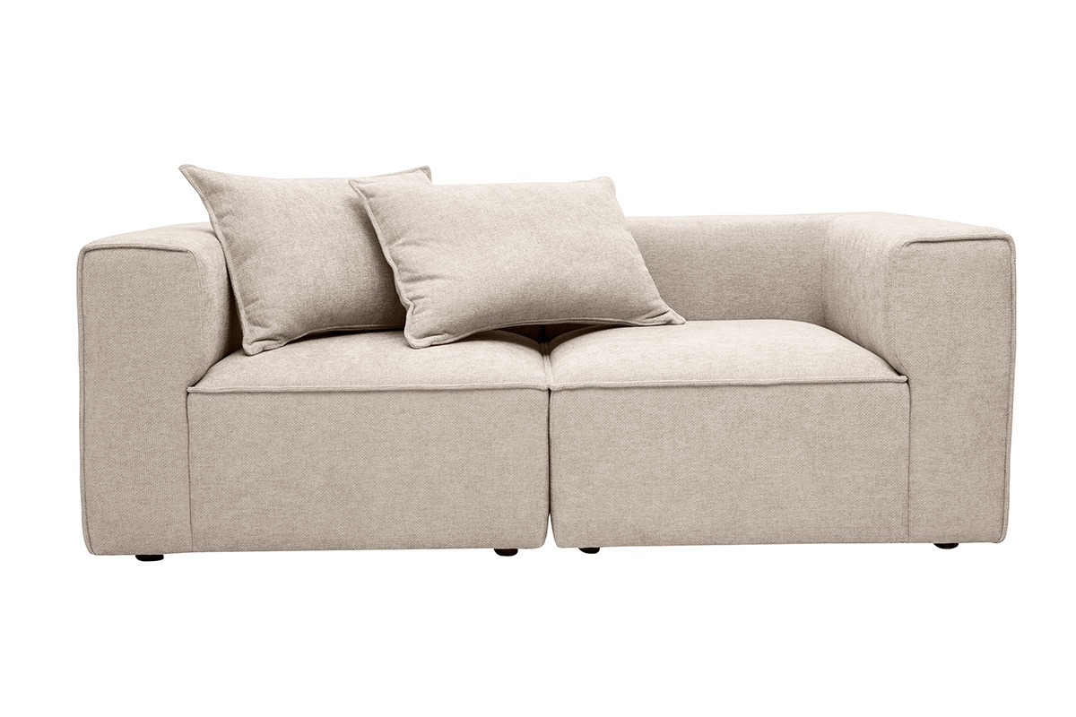 Divano modulare a 2 posti in tessuto effetto velluto testurizzato beige, vista frontale.