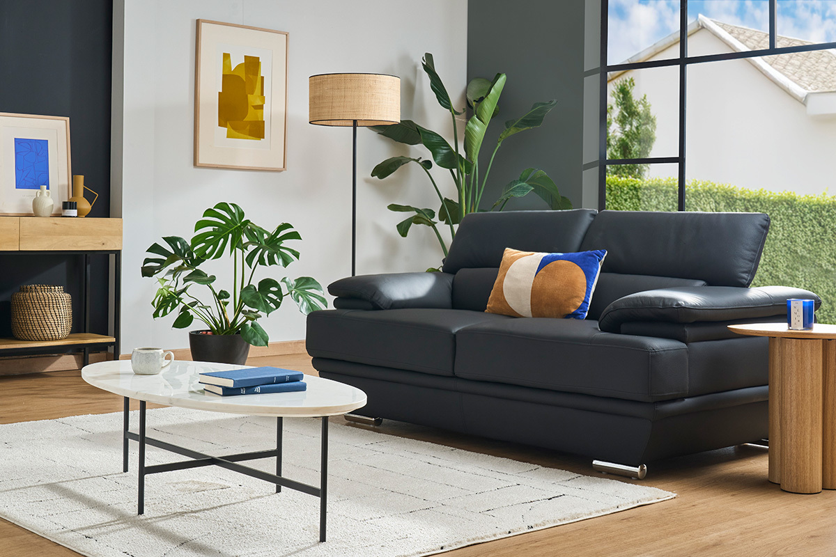 Divano nero in pelle design 2 posti con poggiatesta reclinabile EWING