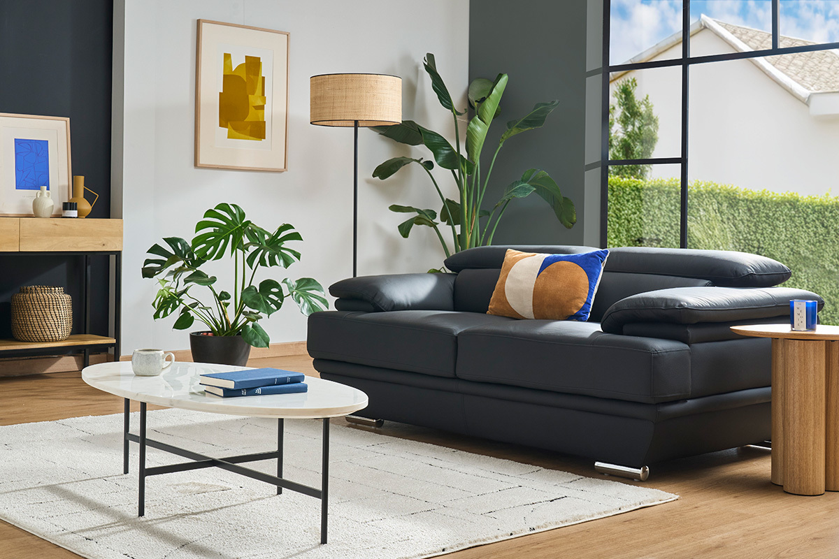 Divano nero in pelle design 2 posti con poggiatesta reclinabile EWING
