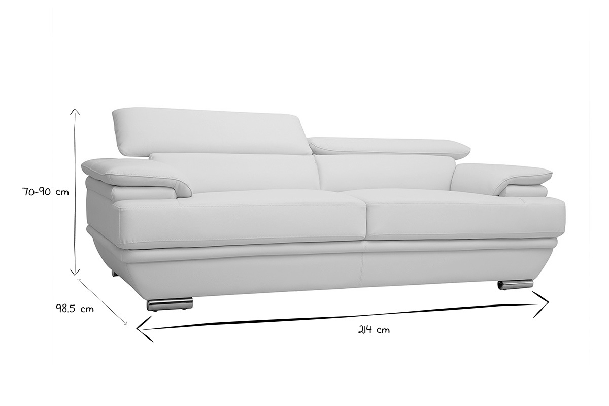 Divano pelle design 3 posti con poggiatesta reclinabile bianco EWING