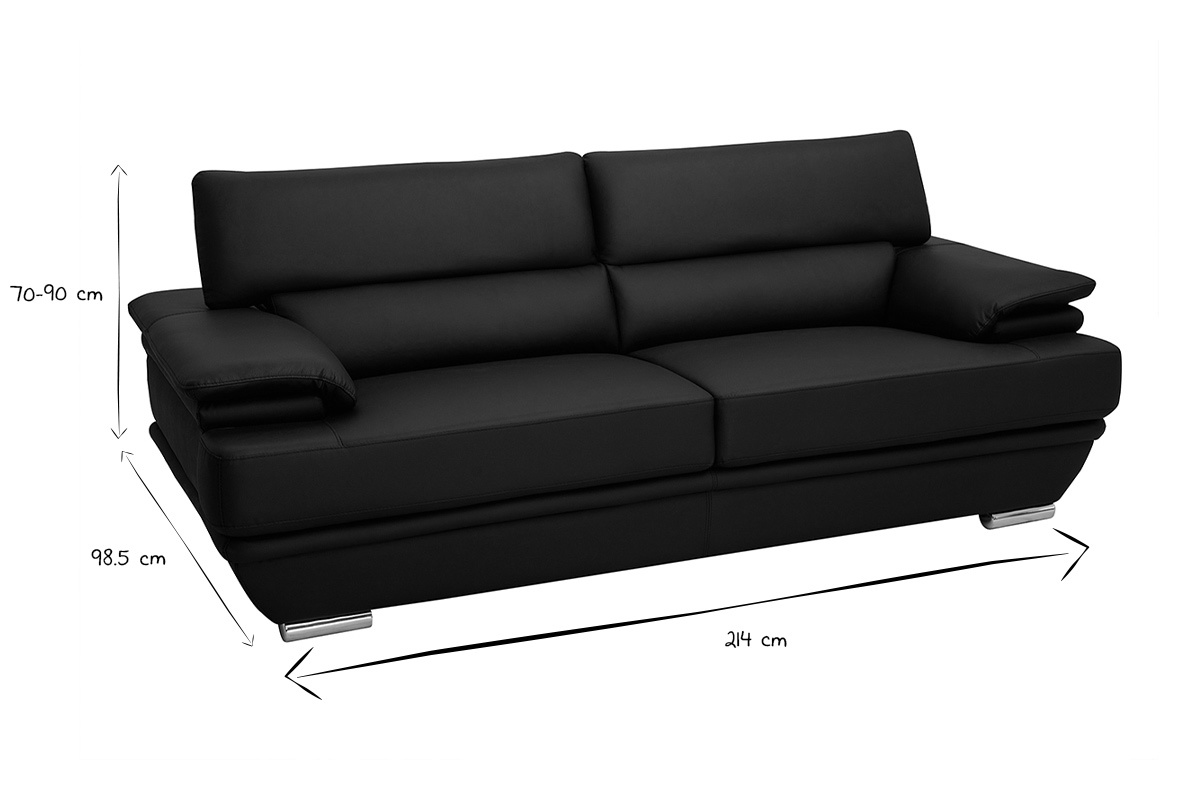 Divano pelle design 3 posti con poggiatesta reclinabile nero EWING