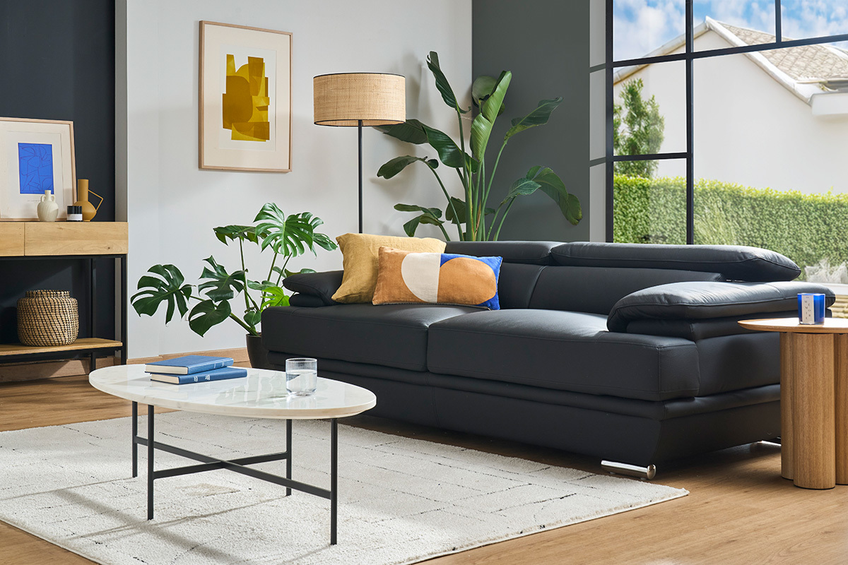 Divano pelle design 3 posti con poggiatesta reclinabile nero EWING