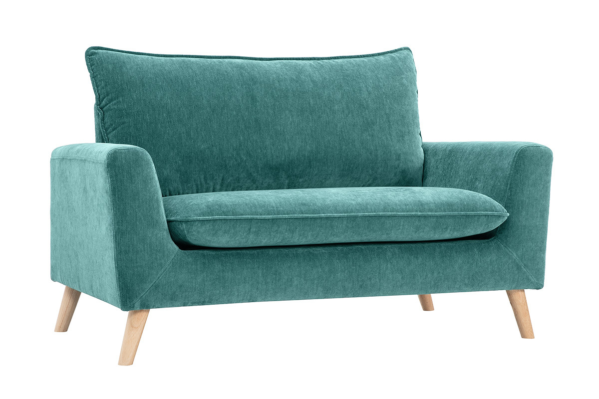 Divano scandinavo 2 posti blu petrolio e legno chiaro, vista da 3/4.