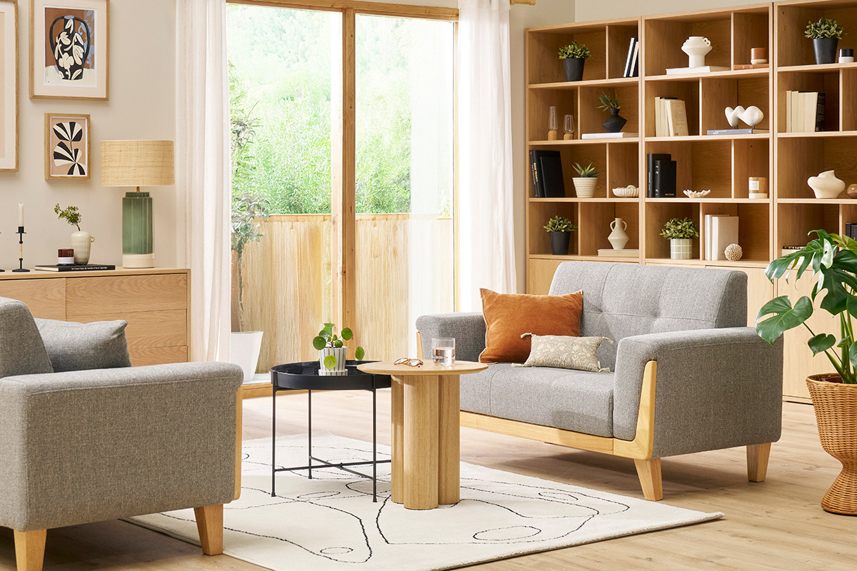 Divano scandinavo 2 posti grigio chiaro e base legno FJORD