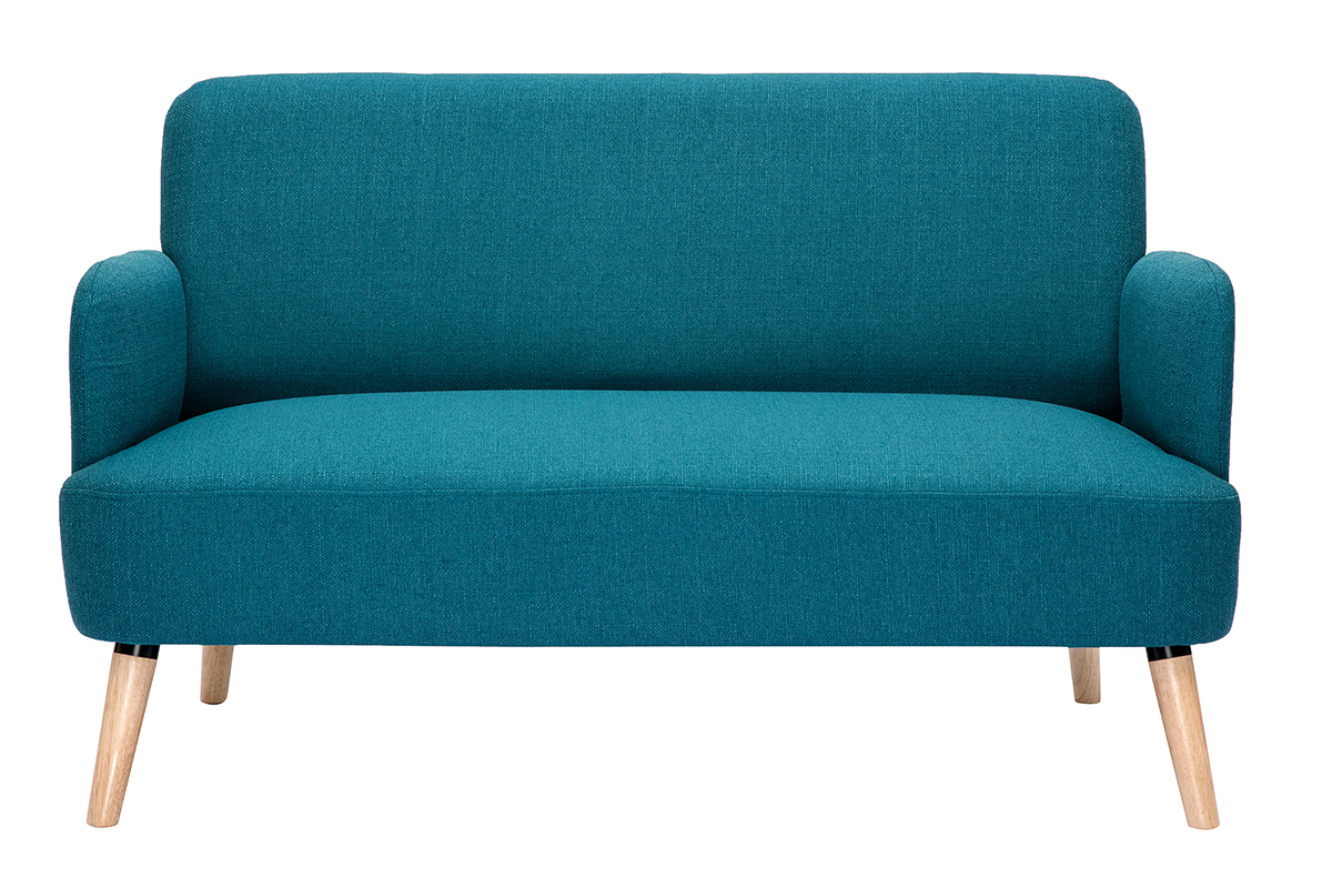 Divano scandinavo 2 posti in tessuto blu anatra e legno chiaro ISKO