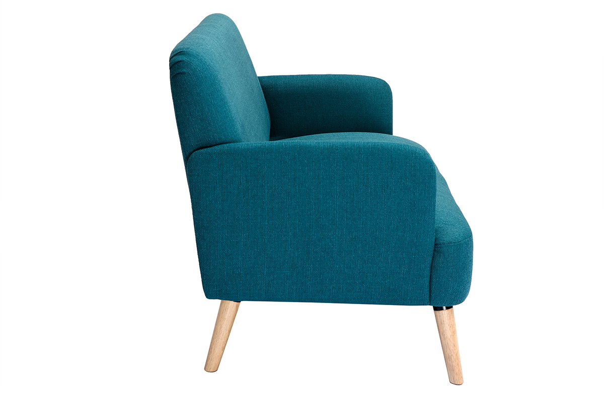 Divano scandinavo 2 posti in tessuto blu anatra e legno chiaro ISKO