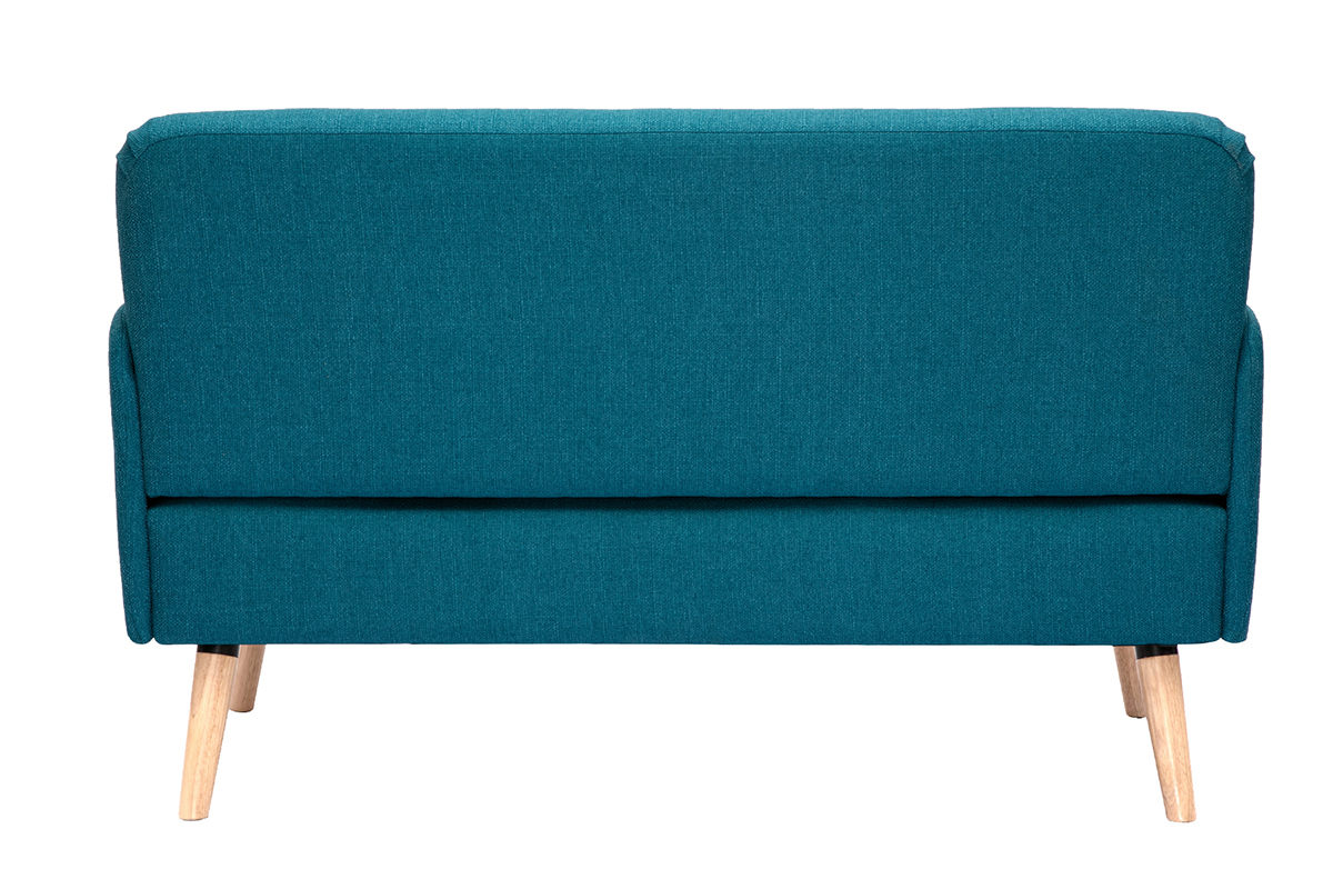 Divano scandinavo 2 posti in tessuto blu anatra e legno chiaro ISKO
