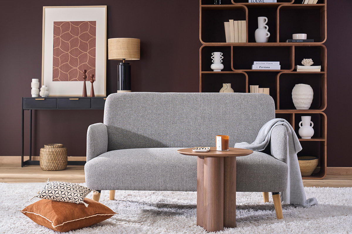 Divano scandinavo 2 posti in tessuto blu anatra e legno chiaro ISKO