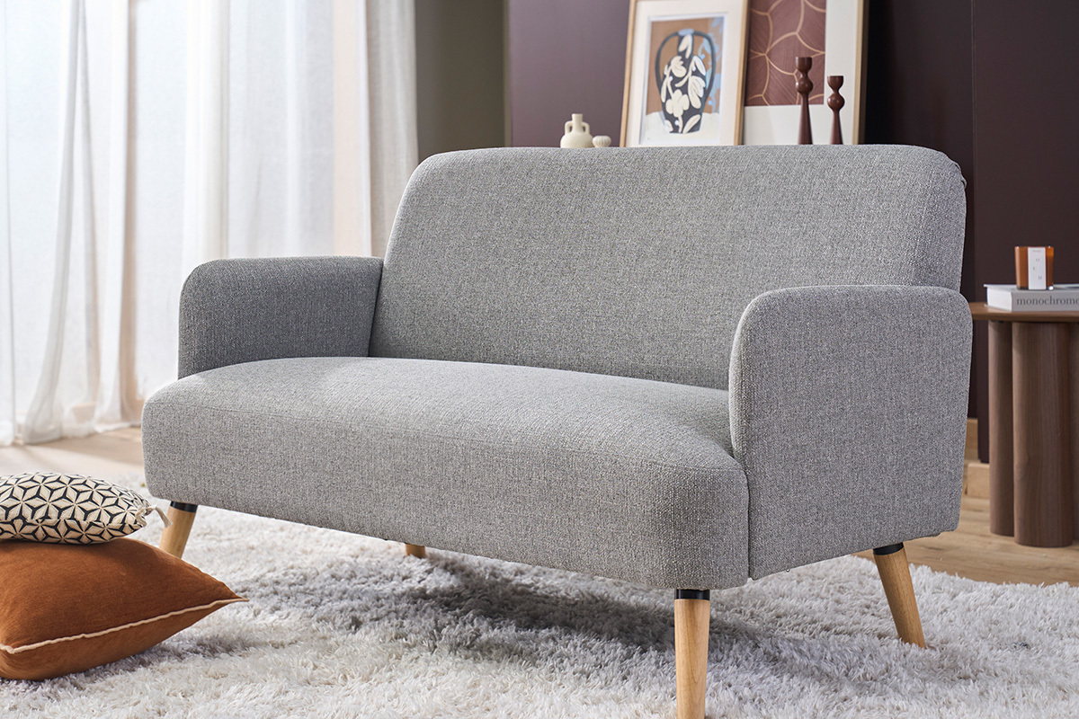 Divano scandinavo 2 posti in tessuto blu anatra e legno chiaro ISKO