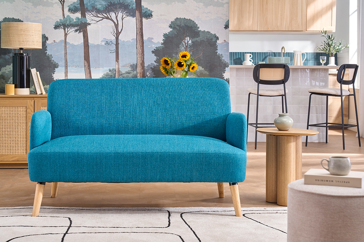 Divano scandinavo 2 posti in tessuto blu anatra e legno chiaro ISKO