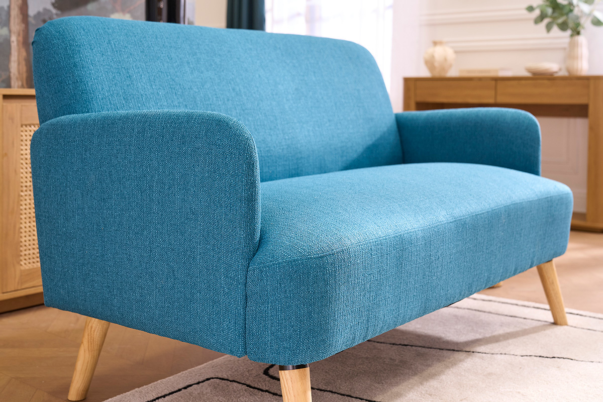 Divano scandinavo 2 posti in tessuto blu anatra e legno chiaro ISKO