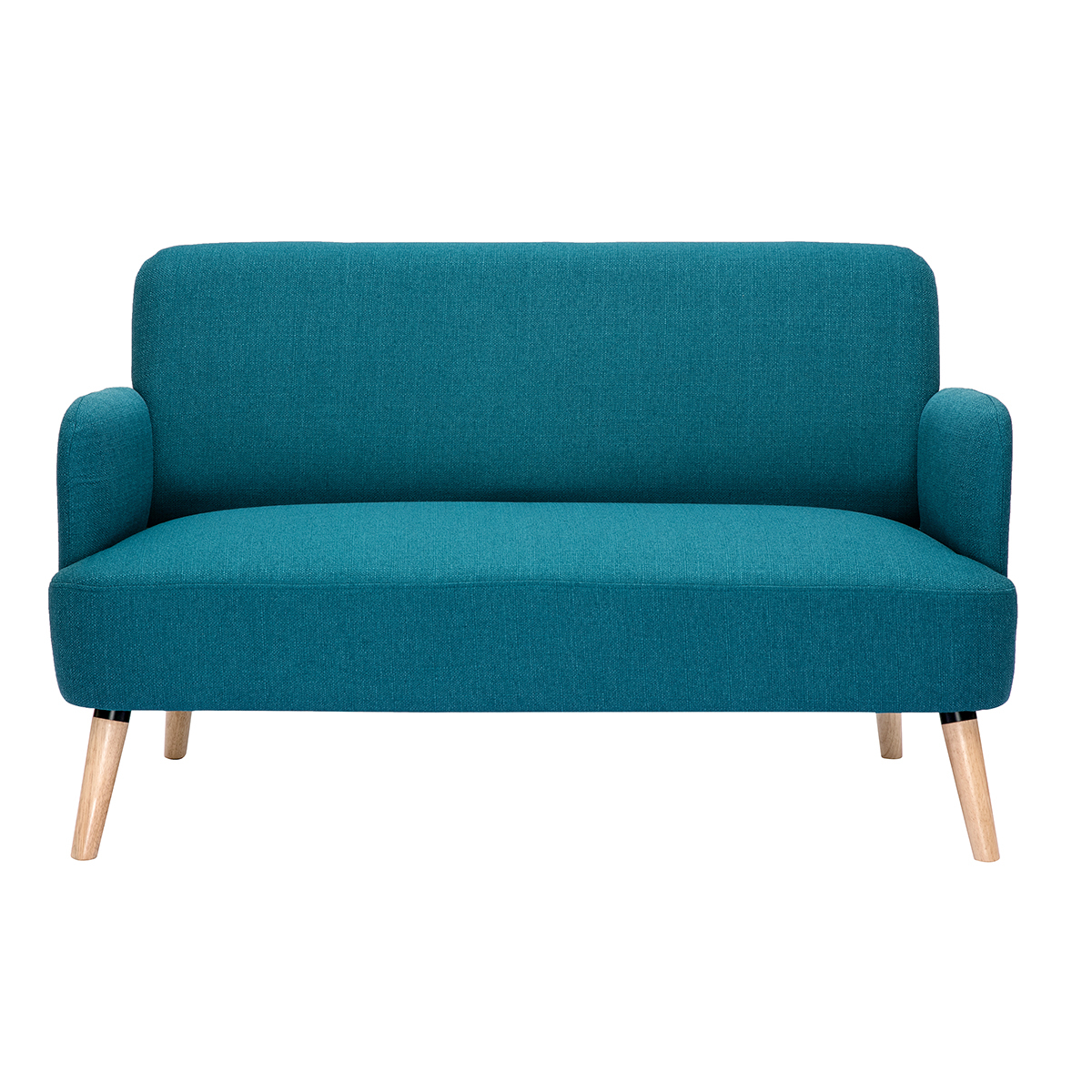Divano scandinavo 2 posti in tessuto blu anatra e legno chiaro ISKO