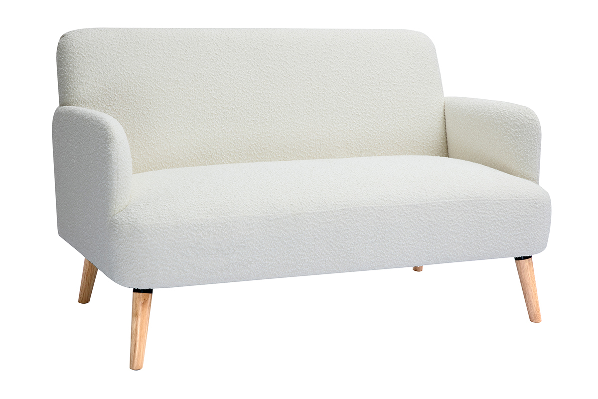Divano scandinavo 2 posti in tessuto effetto lana boucl bianco e legno chiaro ISKO