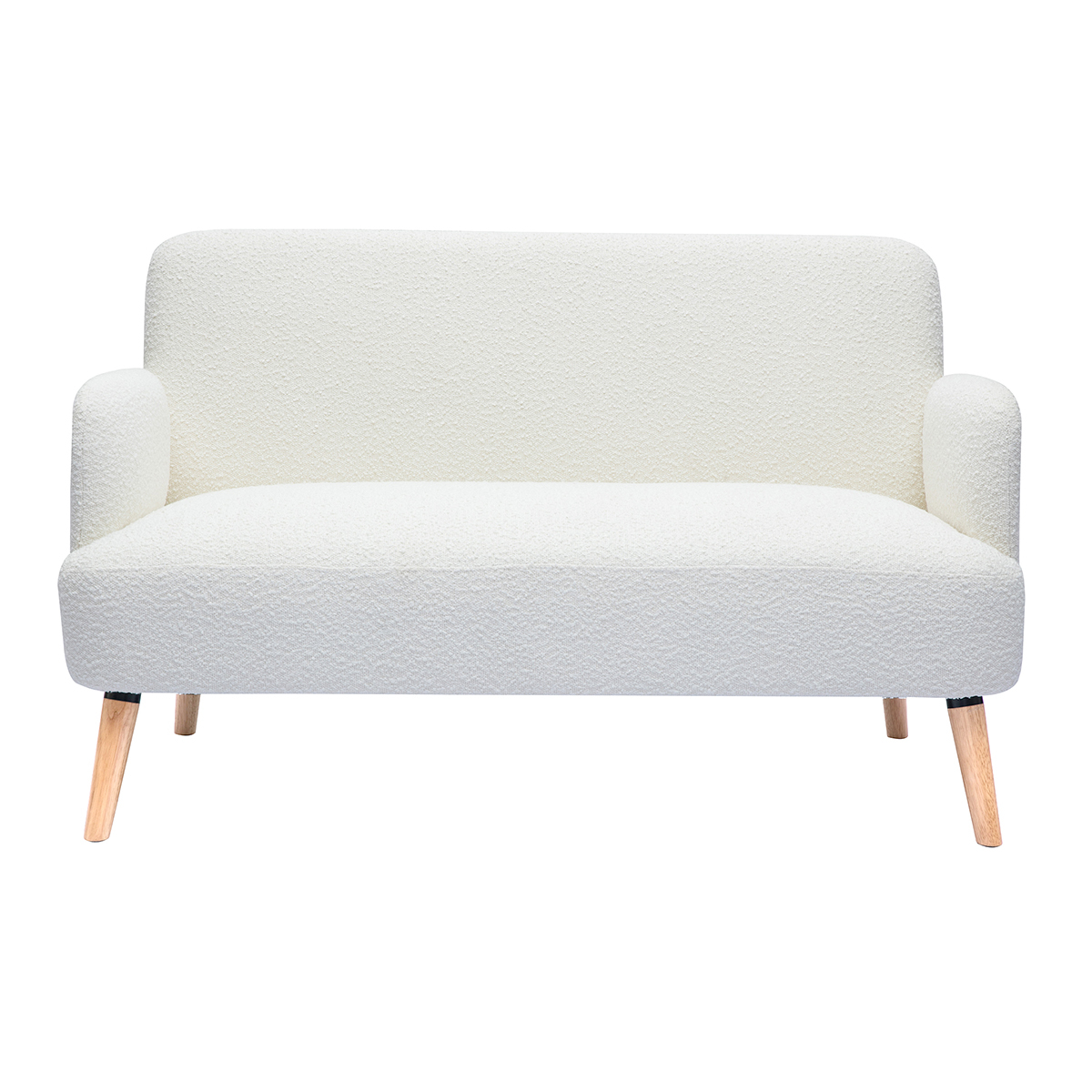 Divano scandinavo 2 posti in tessuto effetto lana bouclé bianco e legno chiaro ISKO