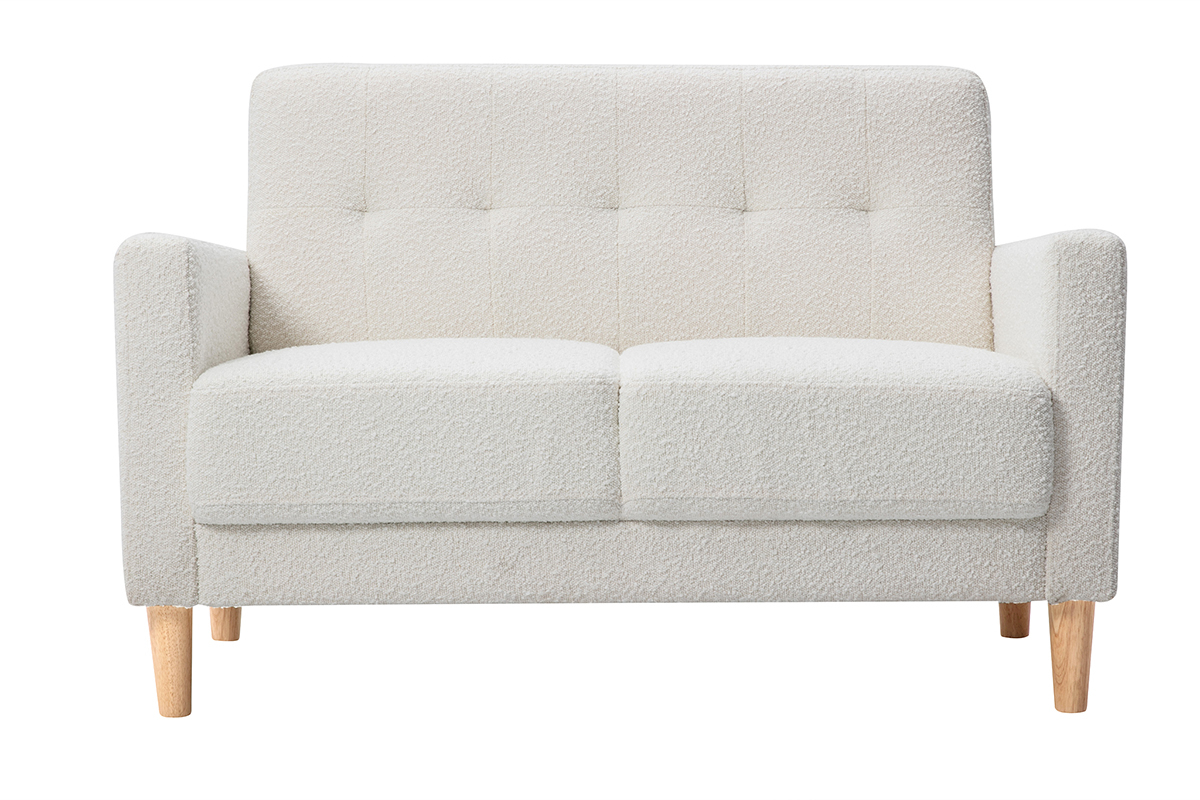 Divano scandinavo 2 posti in tessuto effetto lana boucl bianco e legno chiaro MOON