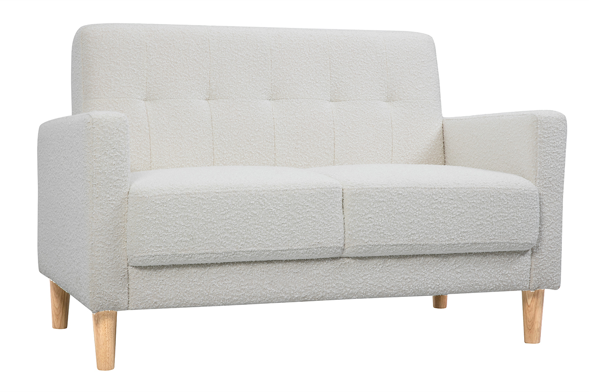 Divano scandinavo 2 posti in tessuto effetto lana boucl bianco e legno chiaro MOON