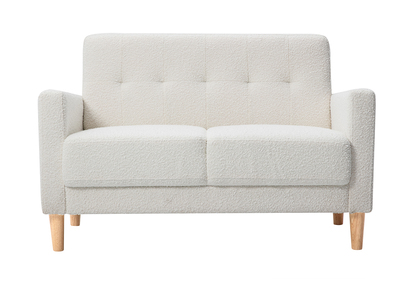 Divano scandinavo 2 posti in tessuto effetto lana bouclé bianco e legno chiaro MOON