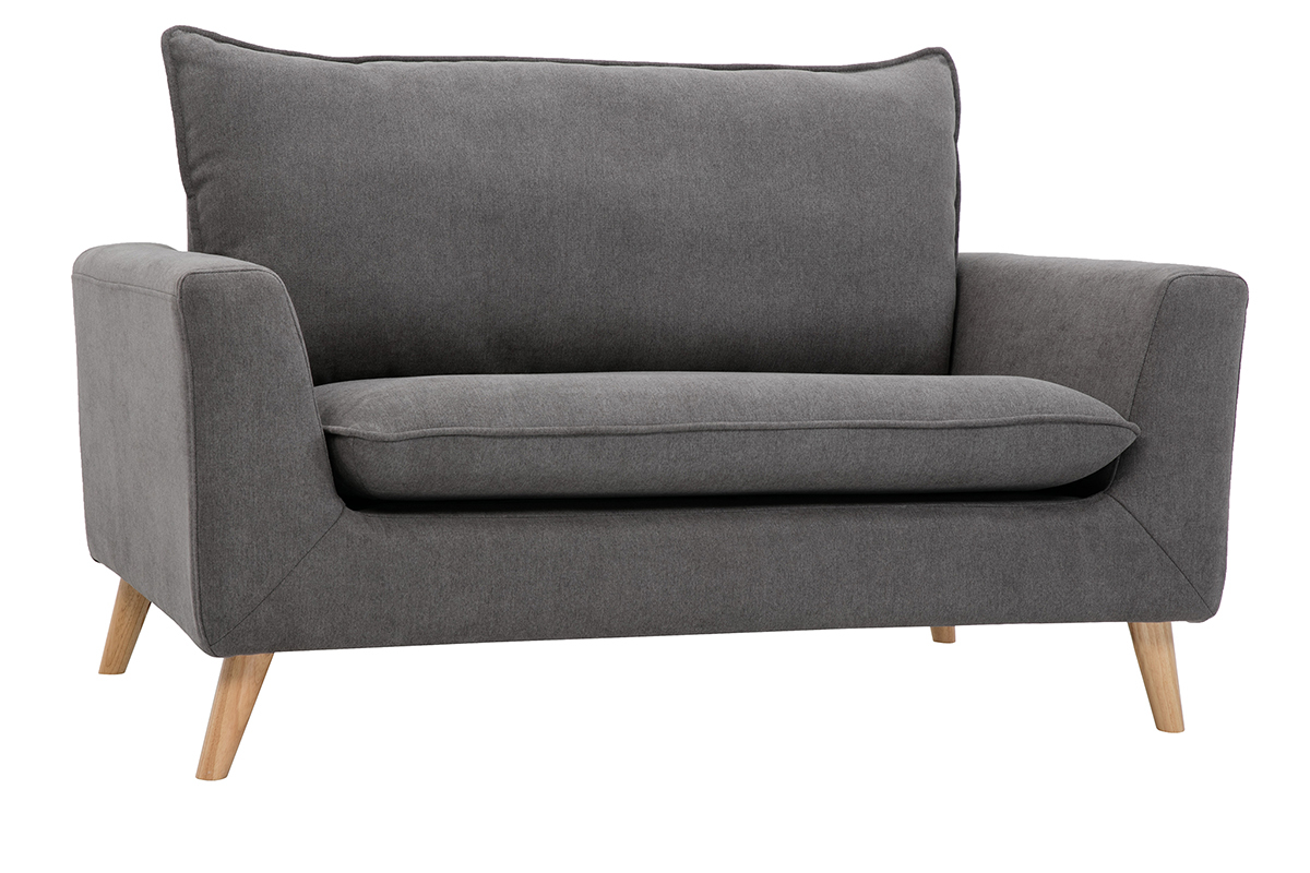 Divano scandinavo 2 posti in tessuto effetto velluto grigio chiaro e legno chiaro JONAS
