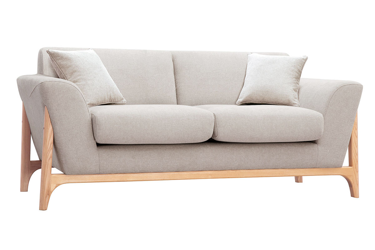 Divano scandinavo 2 posti in tessuto effetto velluto testurizzato beige e frassino ASAKO