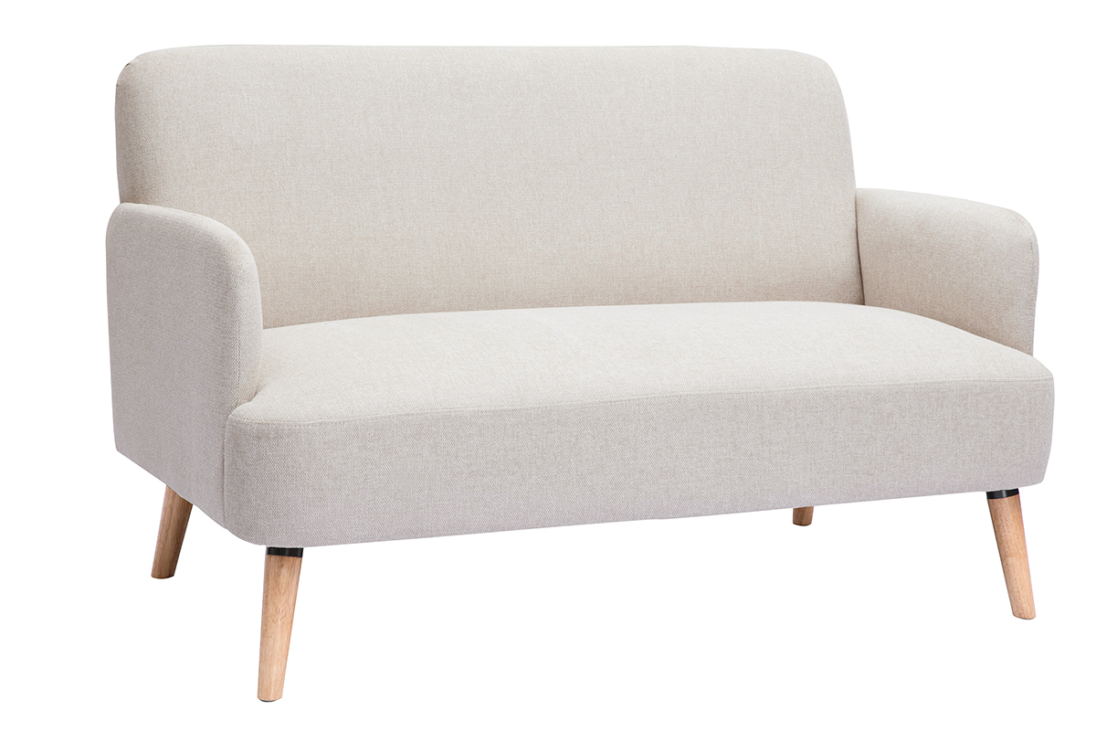Divano scandinavo 2 posti in tessuto effetto velluto testurizzato beige e legno chiaro ISKO