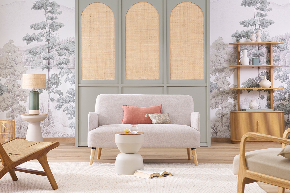 Divano scandinavo 2 posti in tessuto effetto velluto testurizzato beige e legno chiaro ISKO