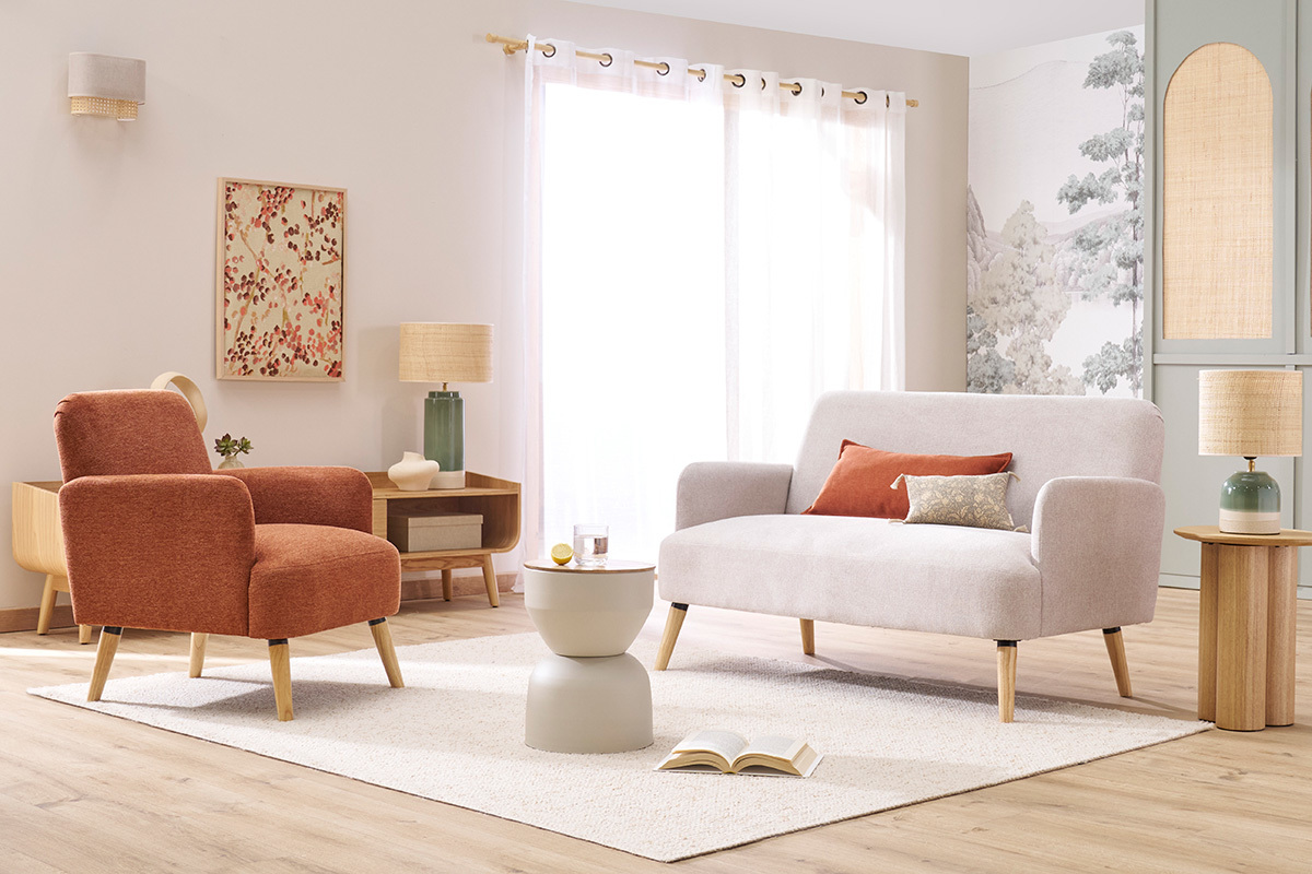 Divano scandinavo 2 posti in tessuto effetto velluto testurizzato beige e legno chiaro ISKO