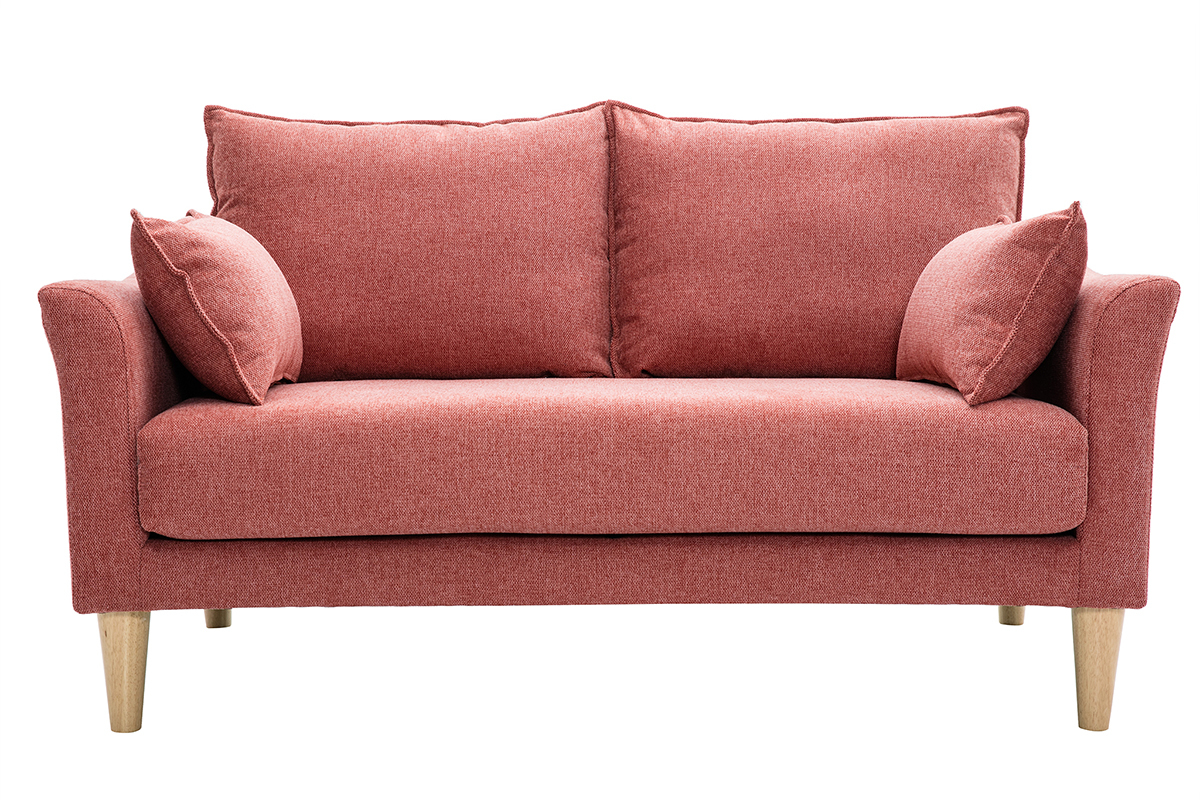 Divano scandinavo 2 posti in tessuto effetto velluto testurizzato color terracotta e legno chiaro KATE