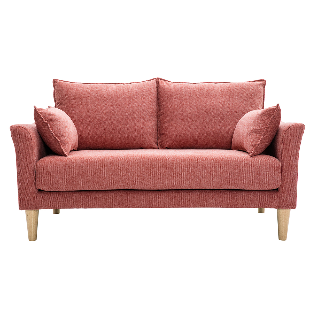 Divano scandinavo 2 posti in tessuto effetto velluto testurizzato color terracotta e legno chiaro KATE