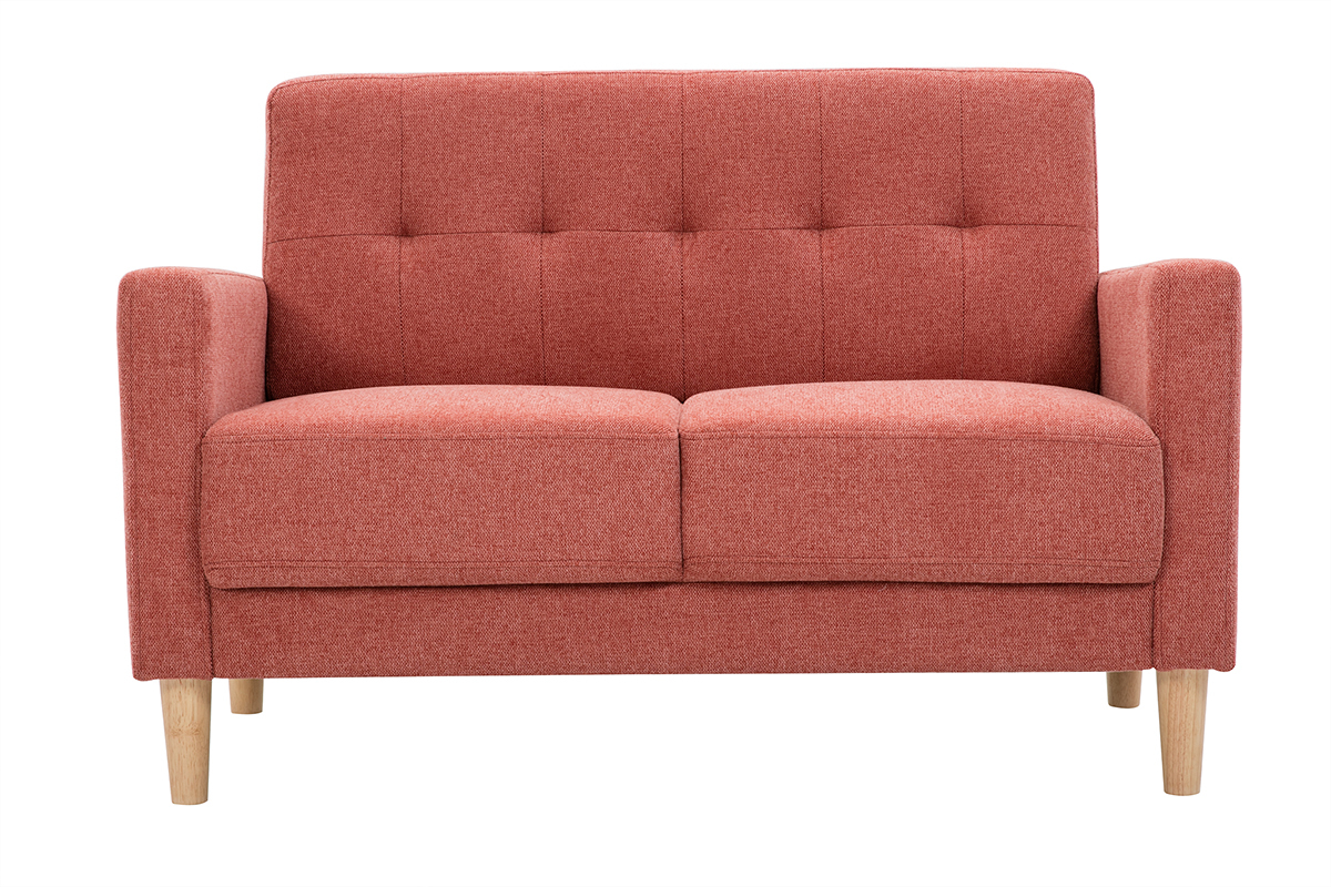 Divano scandinavo 2 posti in tessuto effetto velluto testurizzato color terracotta e legno chiaro MOON