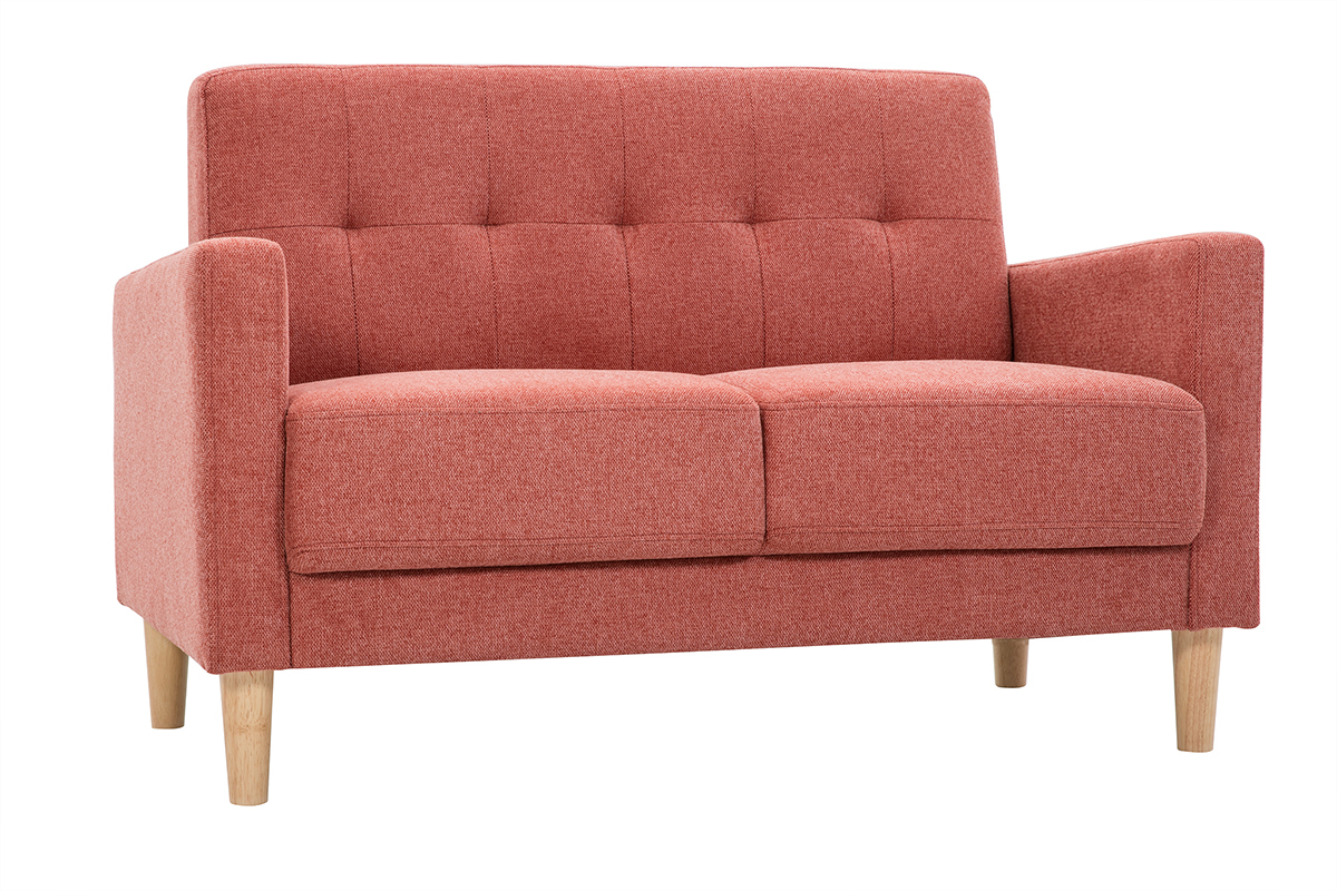 Divano scandinavo 2 posti in tessuto effetto velluto testurizzato color terracotta e legno chiaro MOON
