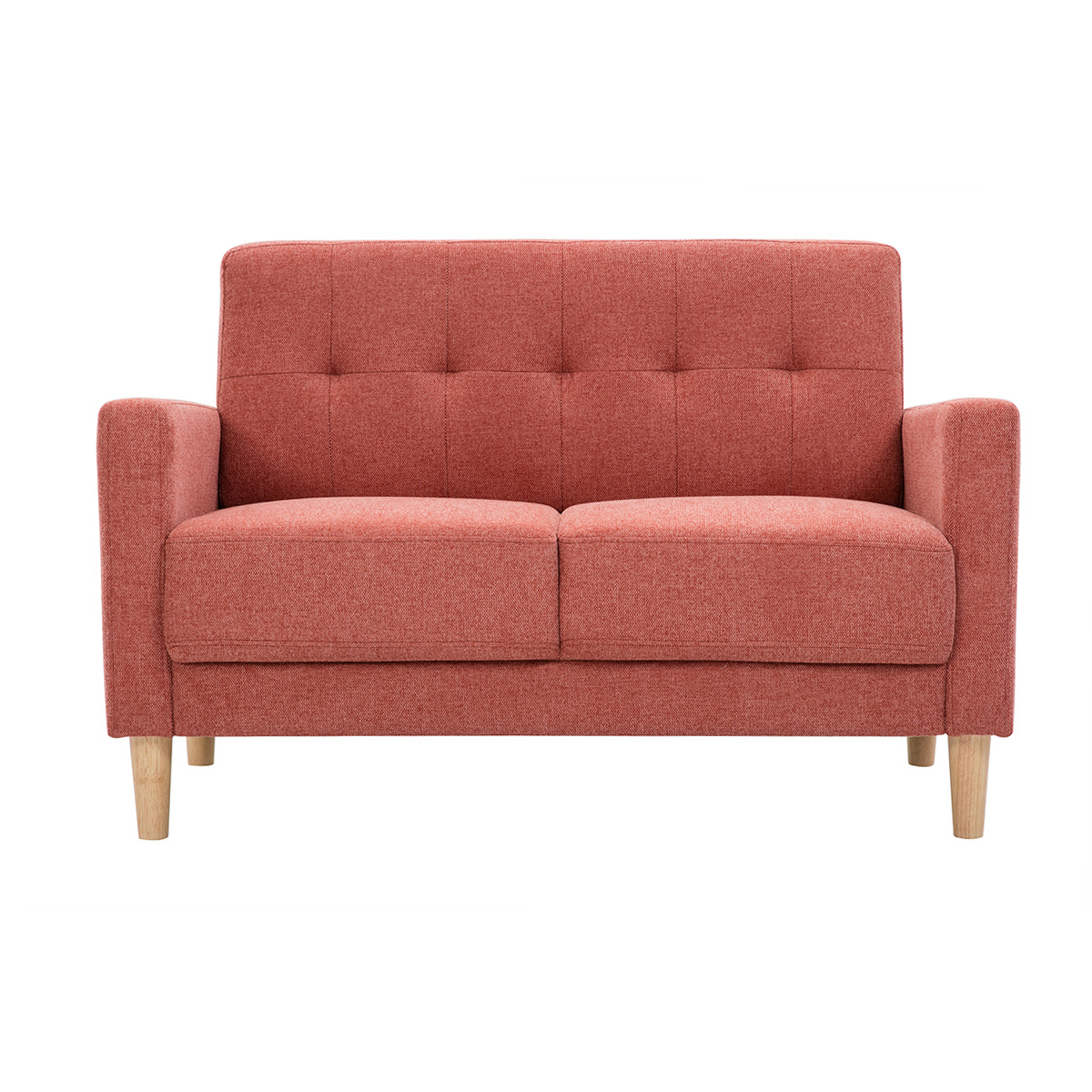 Divano scandinavo 2 posti in tessuto effetto velluto testurizzato color terracotta e legno chiaro MOON