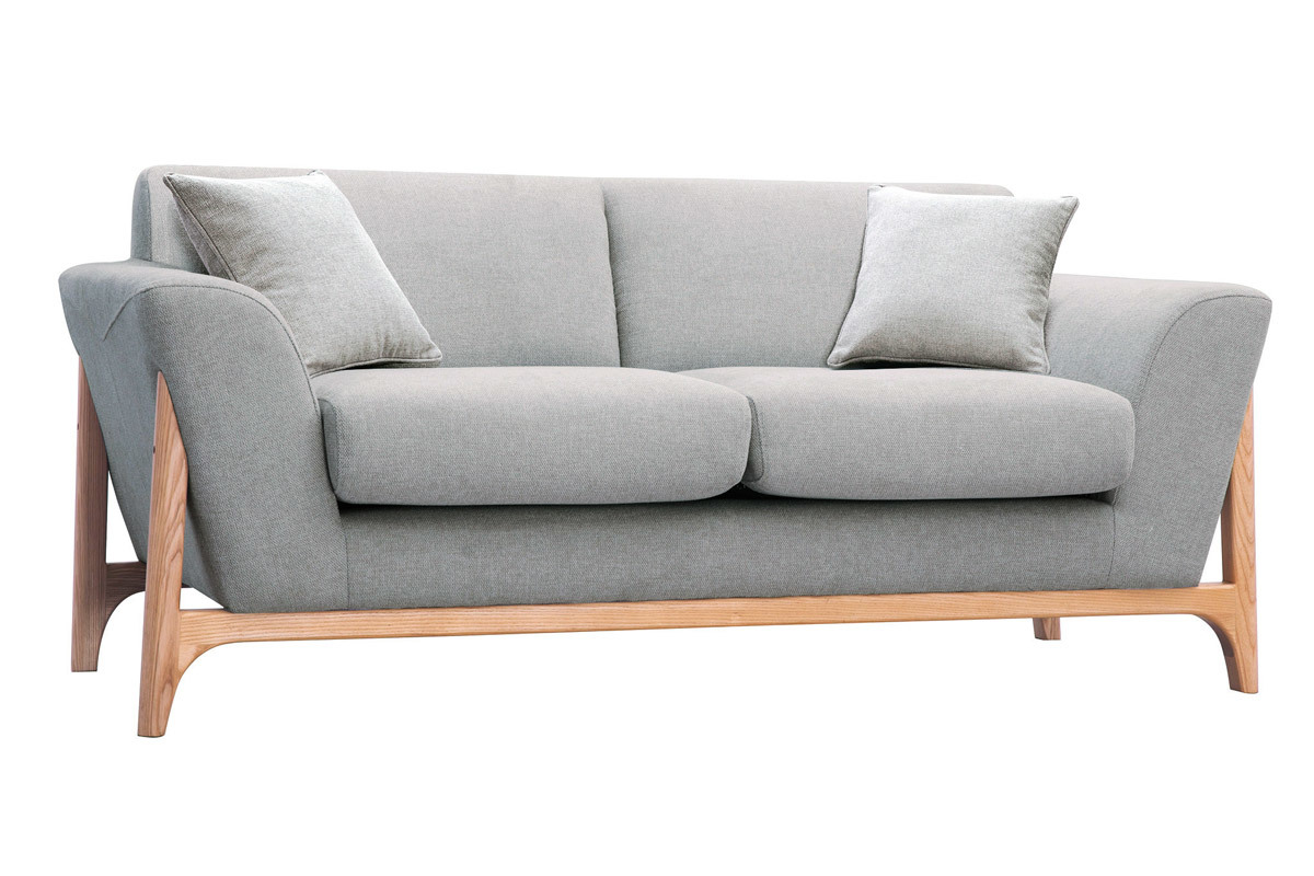 Divano scandinavo 2 posti in tessuto effetto velluto testurizzato grigio chiaro e frassino ASAKO