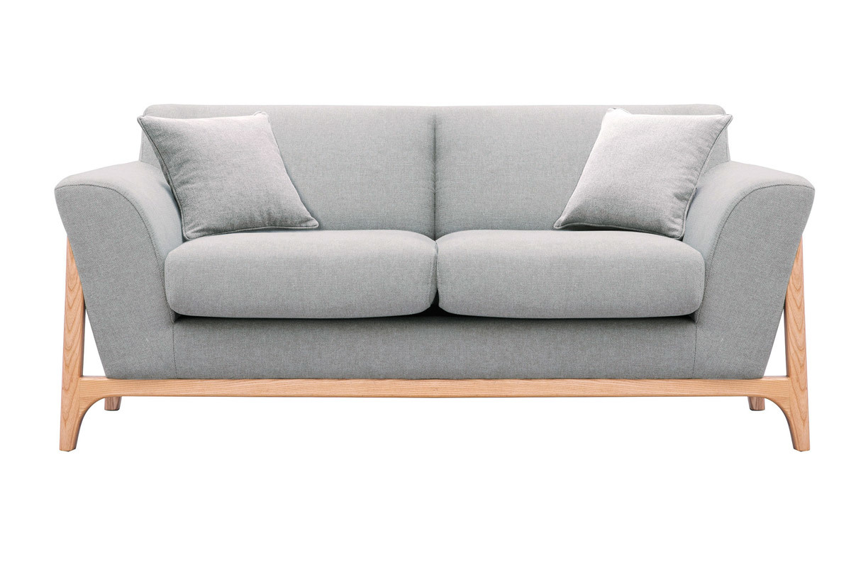 Divano scandinavo 2 posti in tessuto effetto velluto testurizzato grigio chiaro e frassino ASAKO