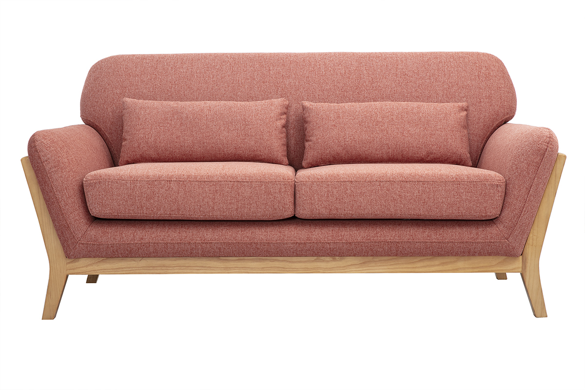 Divano scandinavo 2 posti in tessuto effetto velluto texture terracotta e legno chiaro YOKO