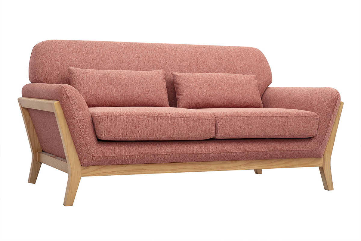 Divano scandinavo 2 posti in tessuto effetto velluto texture terracotta e legno chiaro YOKO
