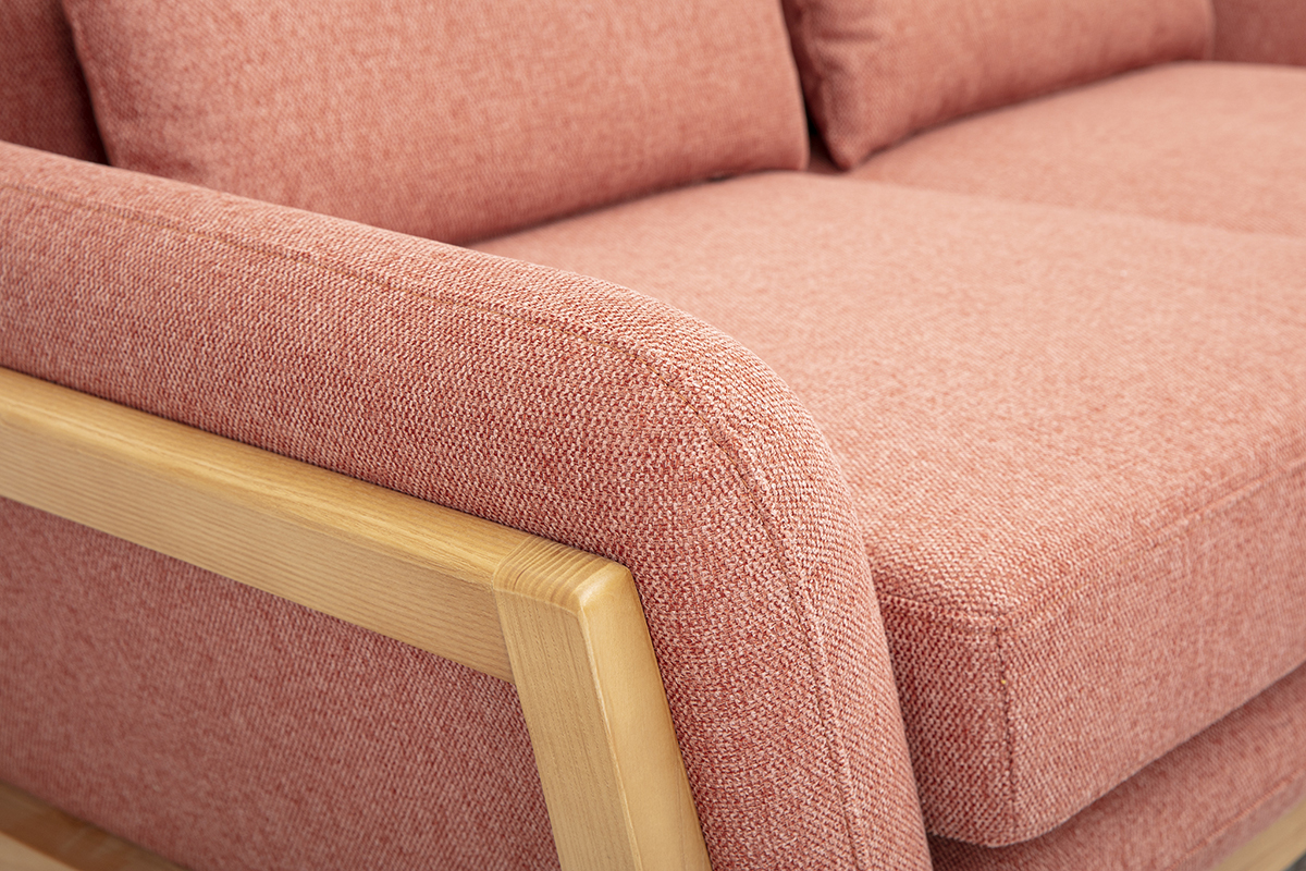 Divano scandinavo 2 posti in tessuto effetto velluto texture terracotta e legno chiaro YOKO