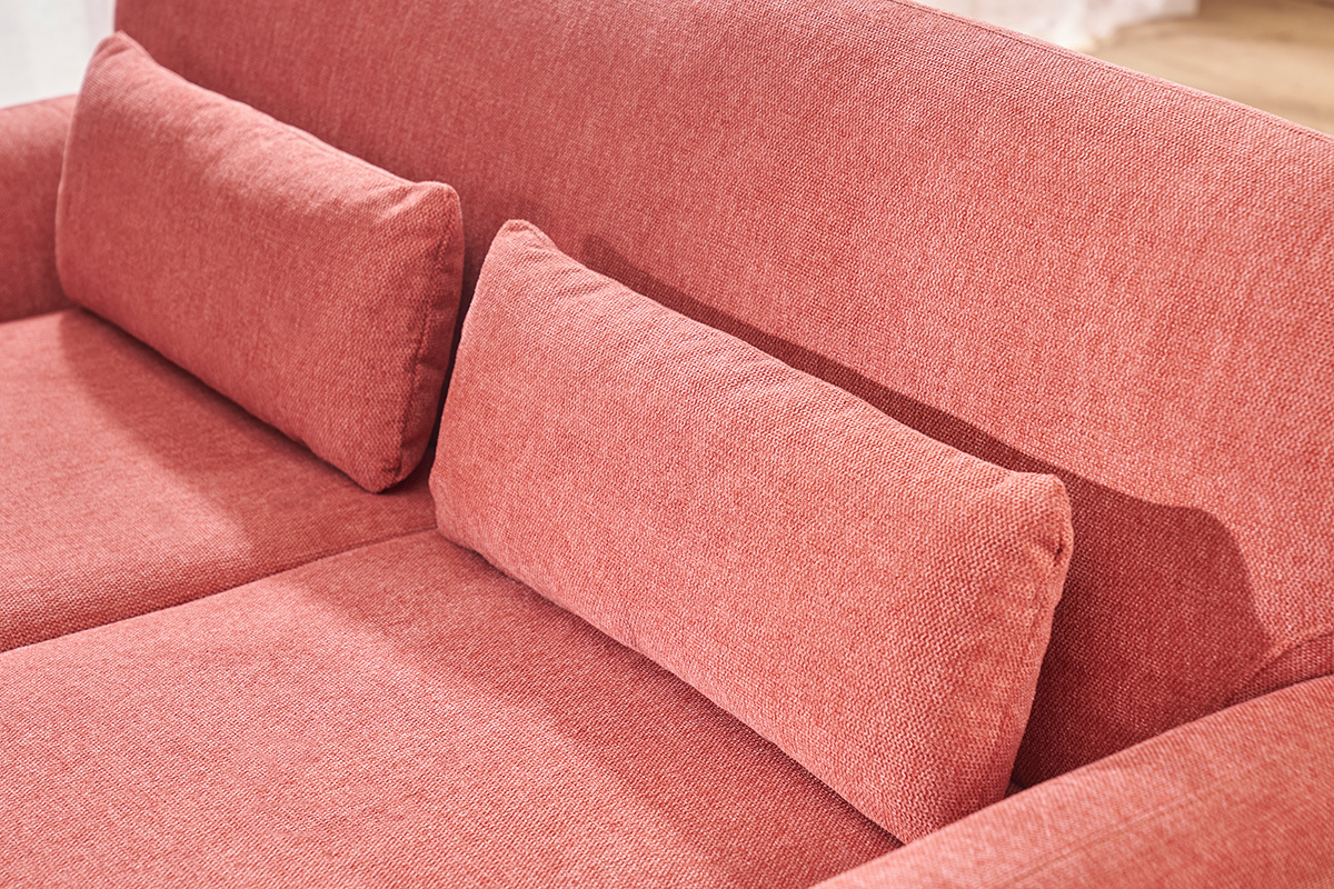 Divano scandinavo YOKO 2 posti in tessuto effetto velluto terracotta, vista dall'alto.