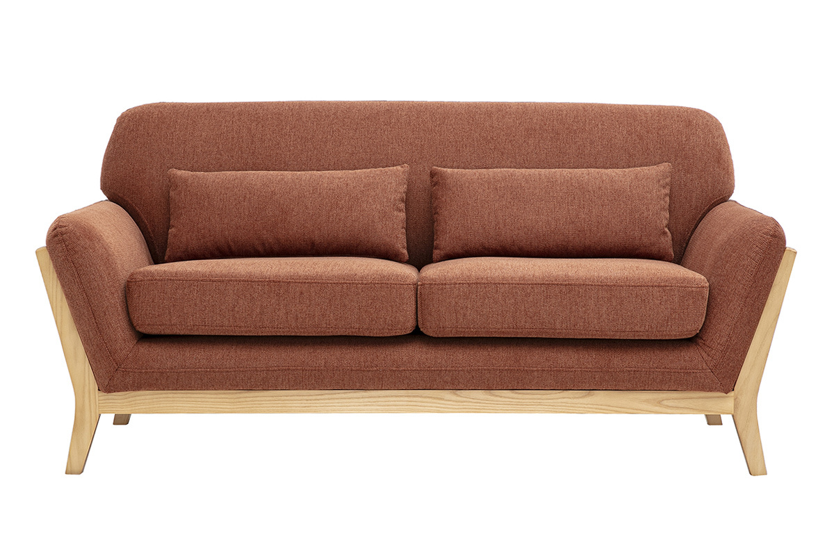 Divano scandinavo a 2 posti in tessuto effetto velluto testurizzato color terra bruciata, vista frontale.