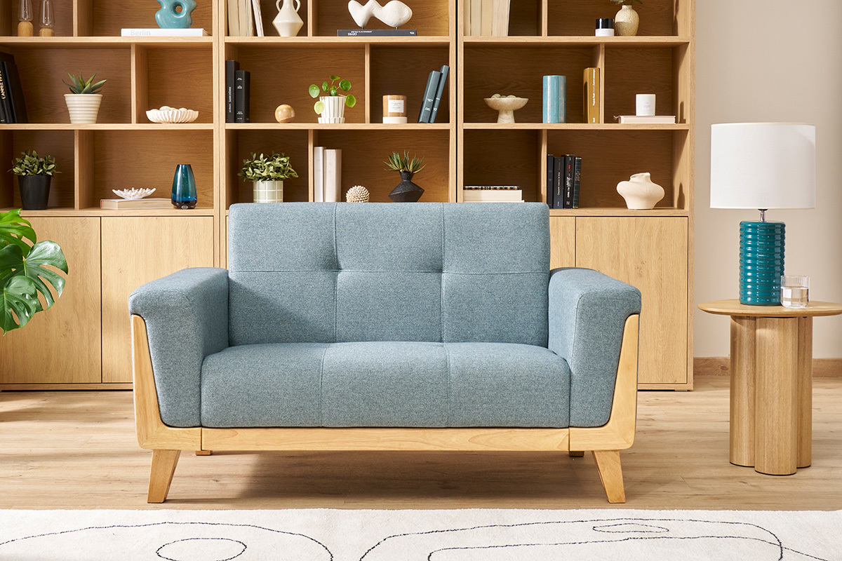 Divano Scandinavo 2 posti in tessuto effetto velluto verde kaki e legno chiaro FJORD