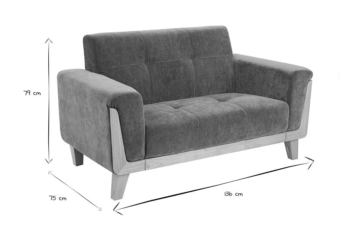 Divano Scandinavo 2 posti in tessuto effetto velluto verde kaki e legno chiaro FJORD
