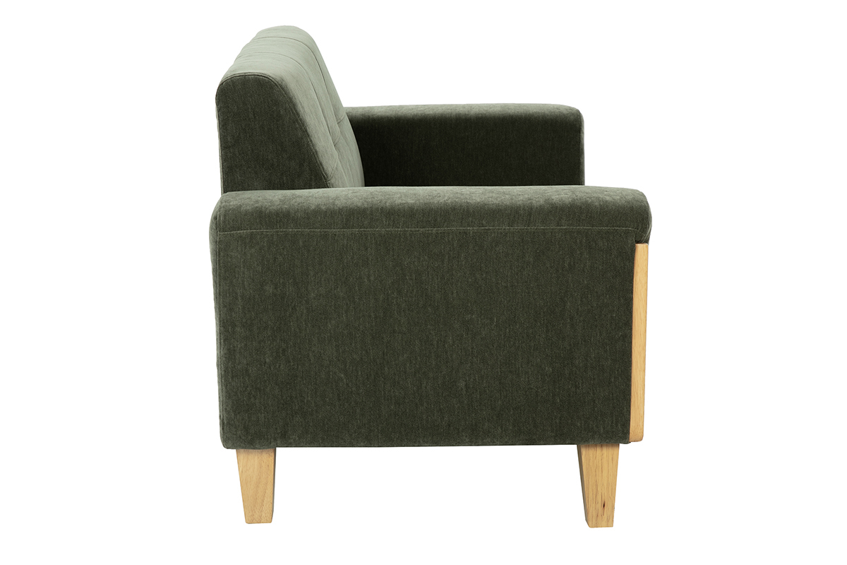 Divano Scandinavo 2 posti in tessuto effetto velluto verde kaki e legno chiaro FJORD