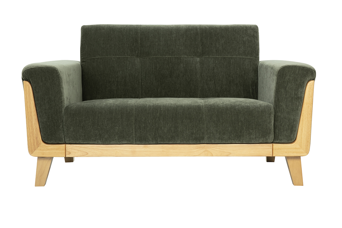 Divano Scandinavo 2 posti in tessuto effetto velluto verde kaki e legno chiaro FJORD