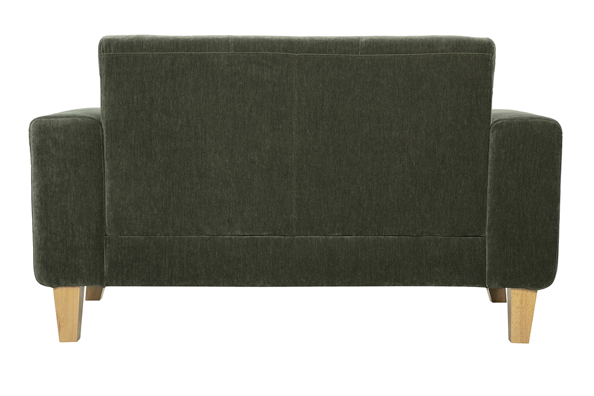 Divano Scandinavo 2 posti in tessuto effetto velluto verde kaki e legno chiaro FJORD