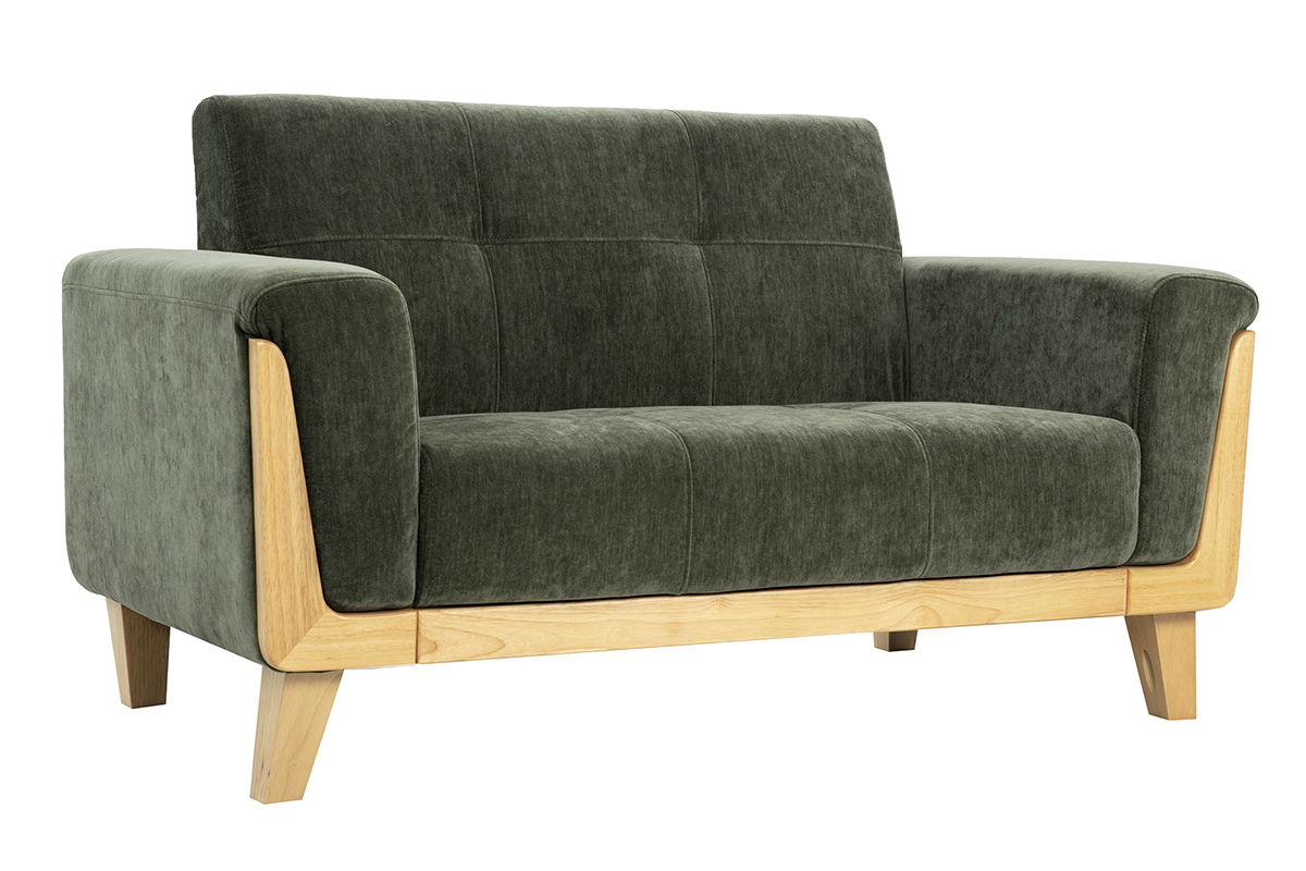 Divano Scandinavo 2 posti in tessuto effetto velluto verde kaki e legno chiaro FJORD